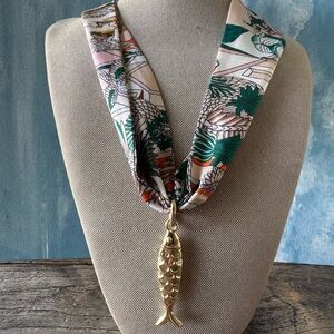 Silk-Print Scarf Necklace with Gold Fish Pendant - Green & Pink